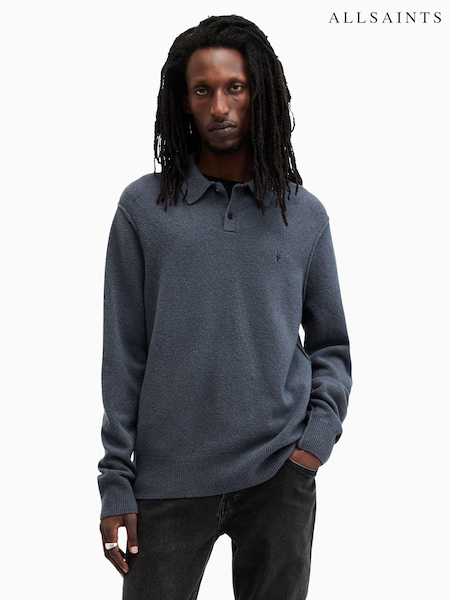 AllSaints Blue Statten Long Sleeve Polo Shirt (AK9809) | £99