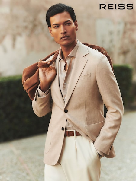 Reiss Oatmeal Stack Slim-Fit Single-Breasted Wool-Blend Textured Blazer (AK9844) | £298