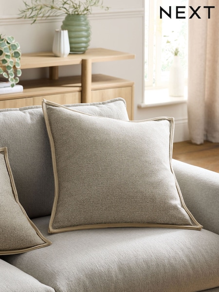 Natural 50 x 50cm Aubrey Tweed Velour Trim Cushion (AK9868) | £20