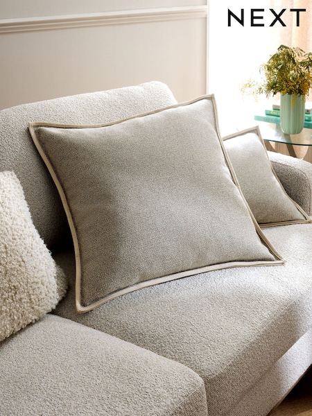 Natural 59 x 59cm Aubrey Tweed Velour Trim Cushion (AK9869) | £24