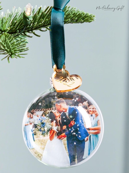 Personalised Couple's Christmas Photo Bauble with Gold Mirror Charm by No Ordinary Gift (AK9970) | £28