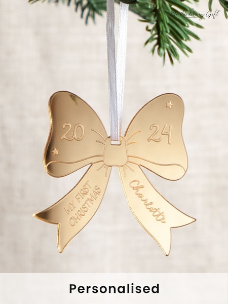 Personalised Metallic Bow First Christmas Decoration by No Ordinary Gift (AK9982) | £15