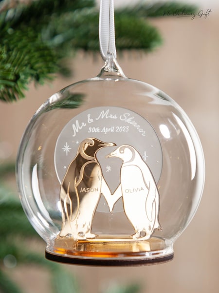 Metallic Mirror Personalised Couples Penguin Christmas Bauble by No Ordinary Gift (AK9996) | £32