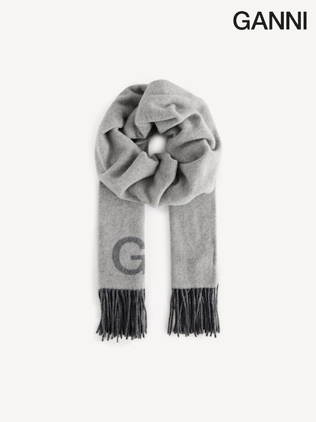 GANNI Grey Fringed Wool Scarf (AL0033) | £145