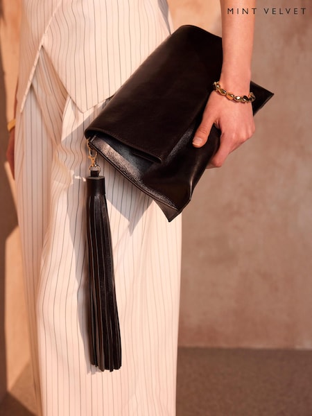 Black - Mint Velvet Daisy Leather Fold Over Tassel Clutch