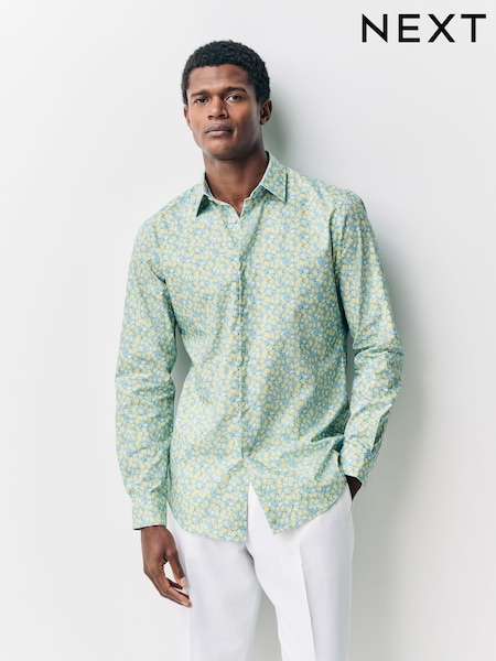 Blue/Lemon Conversational Slim Fit 100% Cotton Long Sleeve Single Cuff Printed Formal Shirt (AL0130) | £38