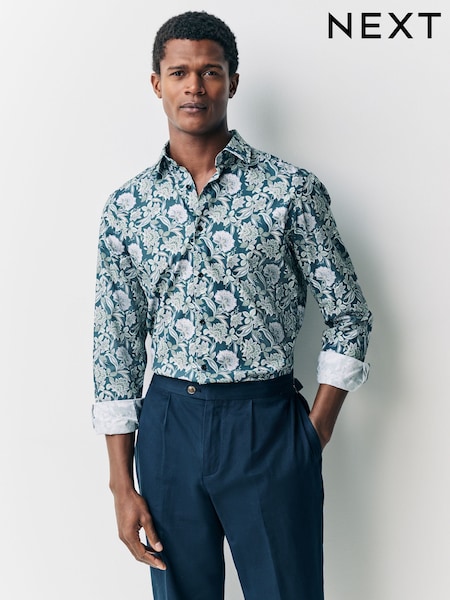 Navy Jacobean Floral Slim Fit 100% Cotton Long Sleeve Single Cuff Printed Formal Shirt (AL0139) | £38