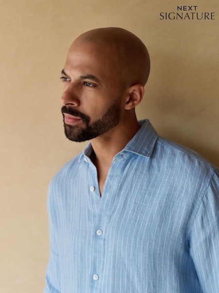 Light Blue Regular Fit Stripe 100% Linen Basket Weave Long Sleeve Smart Shirt with Cutaway Collar (AL0325) | £58