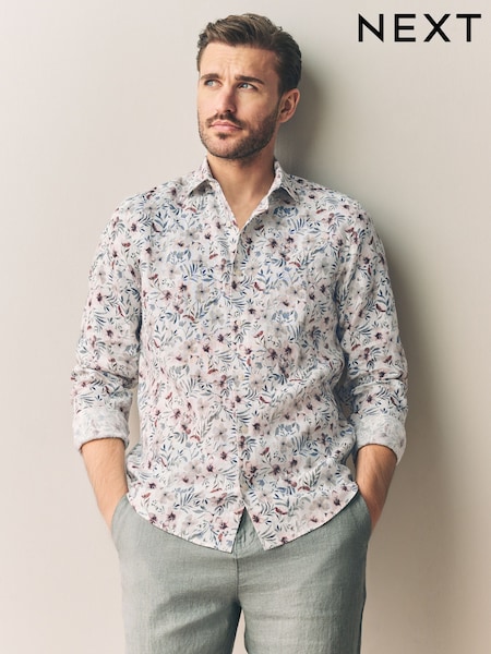 White/Pink Floral Regular Fit Print 100% Linen Long Sleeve Smart Shirt (AL0326) | £55