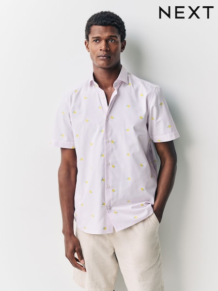 Pink Bengal Lemon Conversational Fruit Print Stripe Easy Iron Oxford Shirt (AL0344) | £28