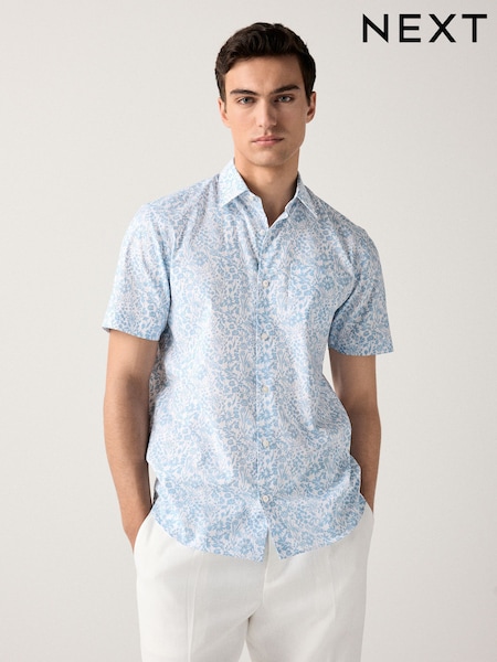 Light Blue Ditsy Floral Easy Iron With Button Down Collar Short Sleeve Oxford Shirt (AL0355) | £24