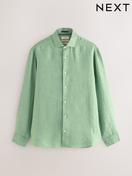 Green Regular Fit 100% Linen Long Sleeve Shirt (AL0358) | £55