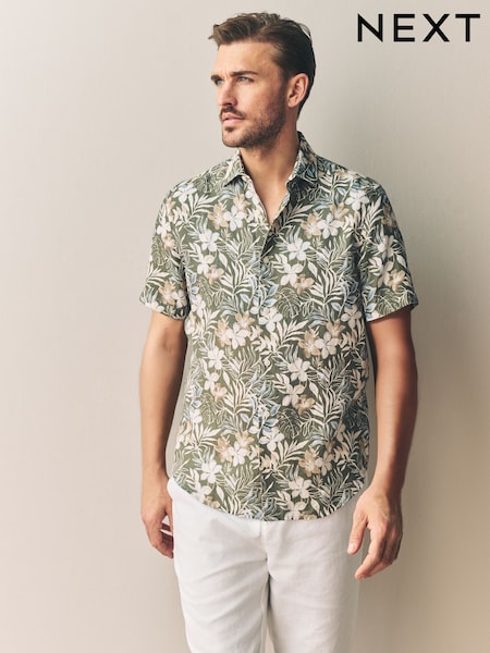 Green Hawaiian Floral Print 100% Linen Short Sleeve Shirt (AL0370) | £52