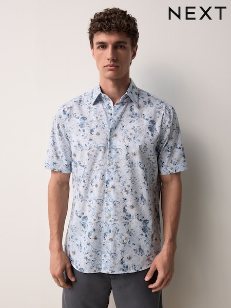 Blue Watercolour Floral Regular Fit Print Short Sleeve Shirt (AL0371) | £35