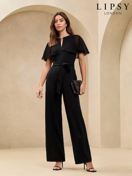Lipsy Black Chiffon Cape Sleeve Keyhole Jumpsuit (AL0373) | £59