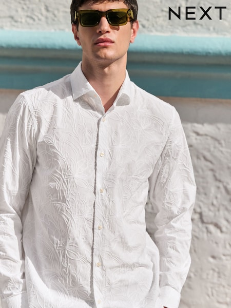 White Regular Fit Long Sleeve 100% Cotton Floral Embroided Smart Shirt (AL0374) | £48