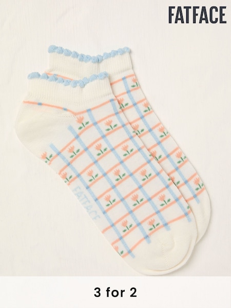 FatFace White Check Floral Trainer Socks (AL0421) | £6
