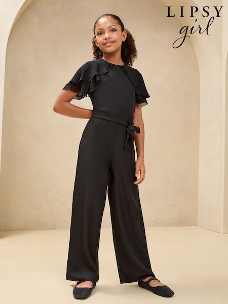 Lipsy Black Layered Flutter Sleeve Jumpsuit (5-16yrs) (AL0706) | £32 - £40