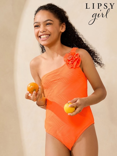Lipsy Orange One Shoulder Textured Corsage Bikini (5-16yrs) (AL0729) | £17 - £25