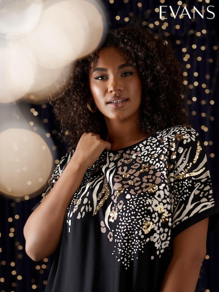 Evans Animal Print Black T-Shirt (AL0745) | £29
