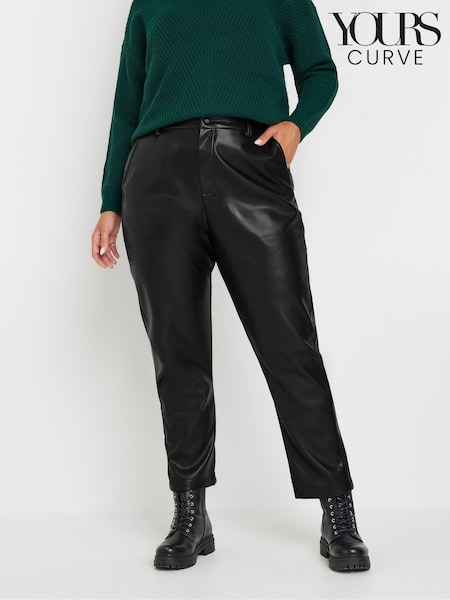 Yours Curve Black PU Straight Leg Trousers (AL1142) | £34