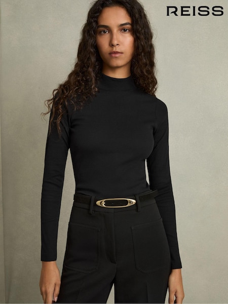 Reiss Black Polly Fine-Ribbed High-Neck Top (AL1178) | £48