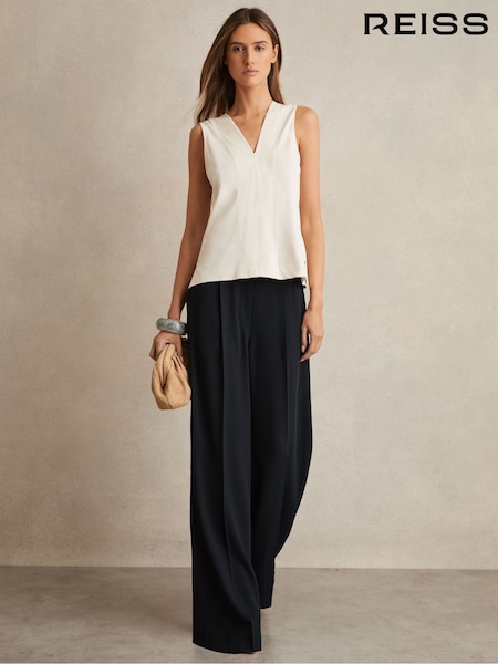 Reiss Navy Eden Elasticated-Waist Wide-Leg Twill Trousers (AL1183) | £128