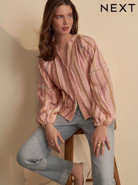 Pink Stripe Button Down Long Sleeve Doublecloth Blouse (AL1197) | £29