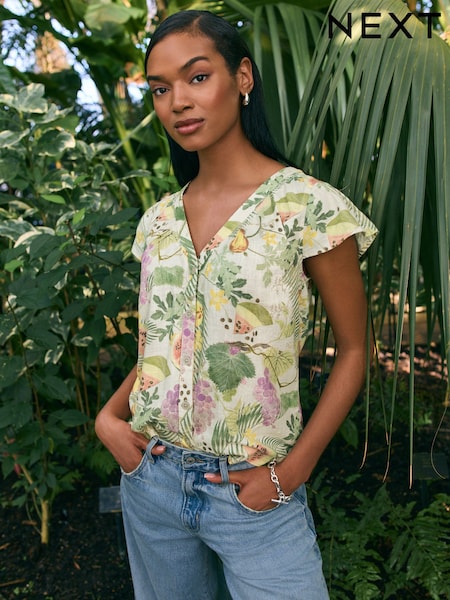 Kew Gardens Multicolour Fruit Button Down Ruffle Sleeve Top With Linen (AL1220) | £28