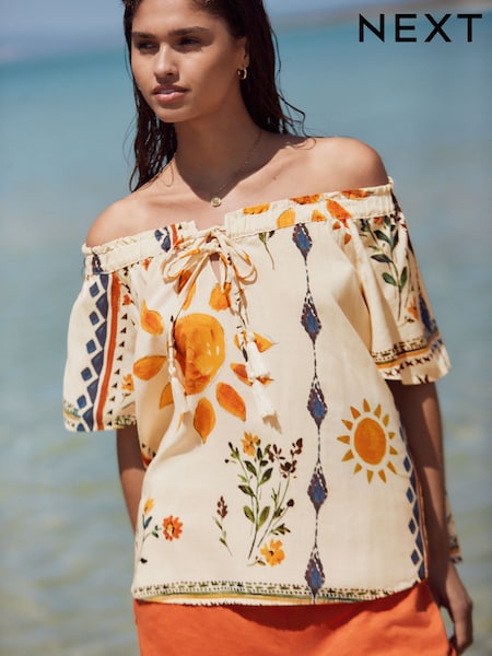 Cream Abstract Sunshine Short Sleeve Tie Neck Bardot Top (AL1229) | £30