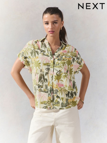 Animal/ Jungle Print Short Sleeve Shirt with Linen (AL1244) | £28