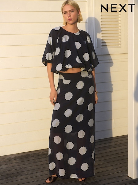 Navy/White Spot Drape Lightweight Maxi Skirt (AL1253) | £32