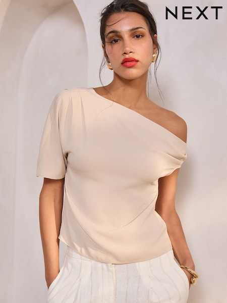 Cream Asymmetric Drape Short Sleeve Top (AL1255) | £22