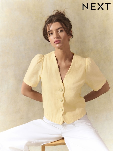 Lemon Yellow Linen Blend Scallop Button Down Short Sleeve Blouse (AL1258) | £38