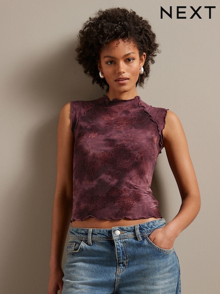 Rose Pink Lettuce Hem Short Sleeve Marbled Floral Print Top (AL1289) | £24