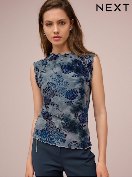 Blue Lettuce Hem Short Sleeve Marbled Floral Print Top (AL1305) | £24