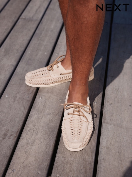 Light Stone Leather Woven Boat Shoes (AL1334) | £50