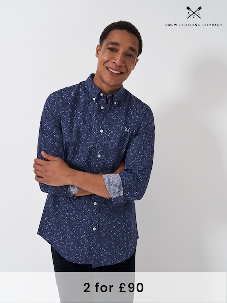 Crew Clothing Blue Long Sleeve Oak Printed 100% Cotton Shirt (AL1610) | £59