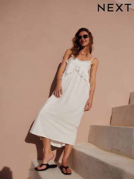 White Ruffle Midi Slip Dress (AL1666) | £38
