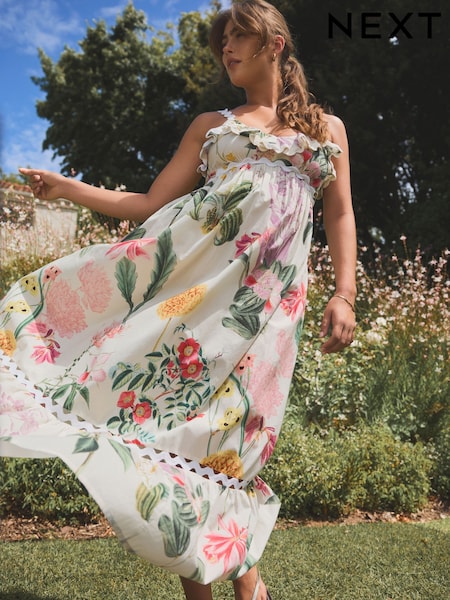 Pink/White Kew Gardens Maxi Floral Print 100% Cotton Summer Dress (AL1668) | £56
