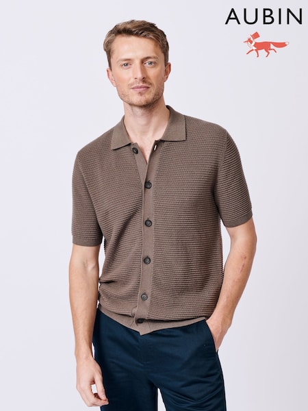 Aubin Brown Keats Button Through 100% Cotton Polo Shirt (AL1846) | £89
