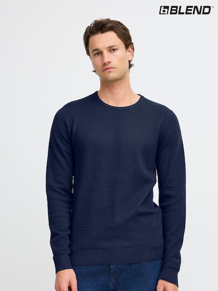 Blend Navy Blue Washed Crew Neck 100% Cotton Knitted Sweat Jumper (AL2382) | £28