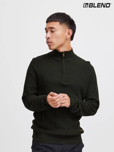 Blend Dark Khaki Green 100% Cotton Quarter Zip Knitted Sweat Jumper (AL2422) | £35