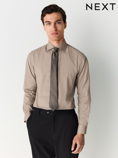 Neutral Brown Slim Fit Summer Cotton Blend Smart Shirt And Pocket Square Pack (AL2627) | £40