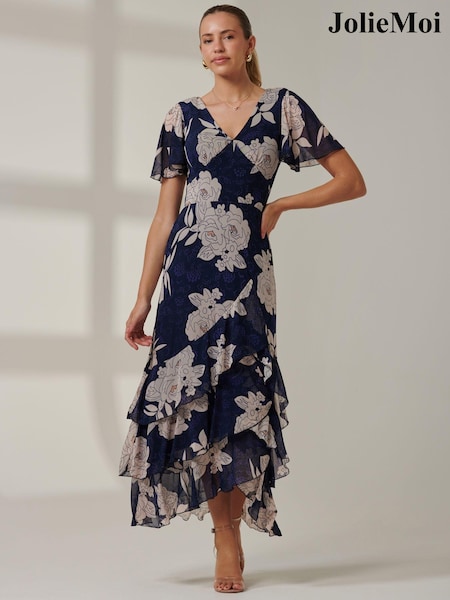 Jolie Moi Blue Floral Printed Tiered Maxi Dress (AL2804) | £85