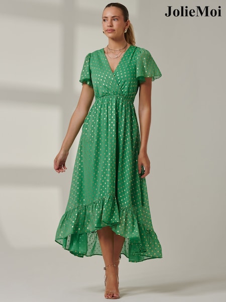 Jolie Moi Green Metallic Effect Angel Sleeve Maxi Dress (AL2805) | £37
