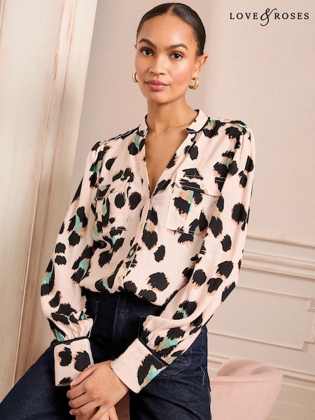 Love & Roses Neutral Animal Petite Print Utility Notch Neck Long Sleeve Shirts (AL2824) | £36