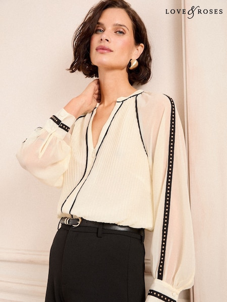 Love & Roses Ivory Zip Detail Pleated Stud Trim Long Sleeve Blouse (AL2827) | £42