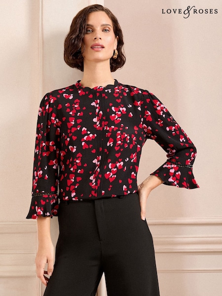 Love & Roses Black Heart 3/4 Flute Sleeve Blouse (AL2829) | £35