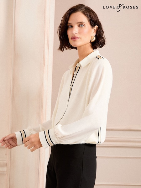 Love & Roses Cream Trim Detail Button Through Long Sleeve Shirt (AL2835) | £38